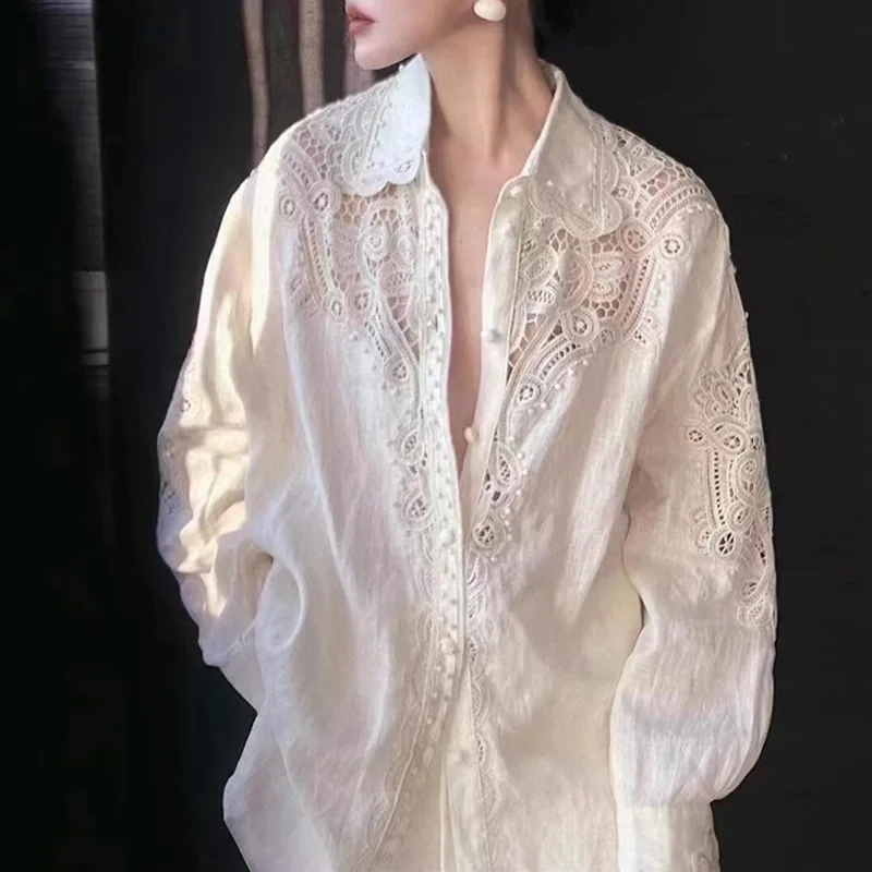 

Light luxury women's clothing designer style hollow out white shirt for spring and summer French heavy embroidery shirt