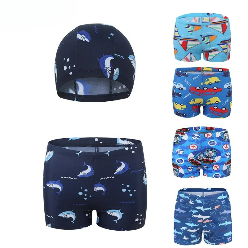 2 Piece Boys Swimming Shorts 2026 New Comfortable Breathable Cartoon Kids Swim Trunks with Swim Cap