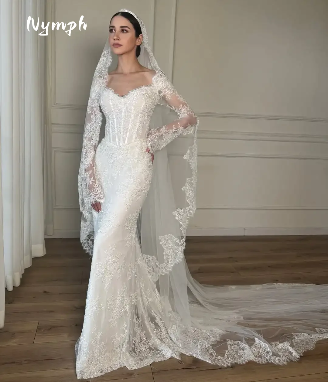1. Off Shoulder Sweetheart Long Sleeve Lace Mermaid Wedding Dress Corset Beaded Bridal Gown Custom Size Vestido De Novia