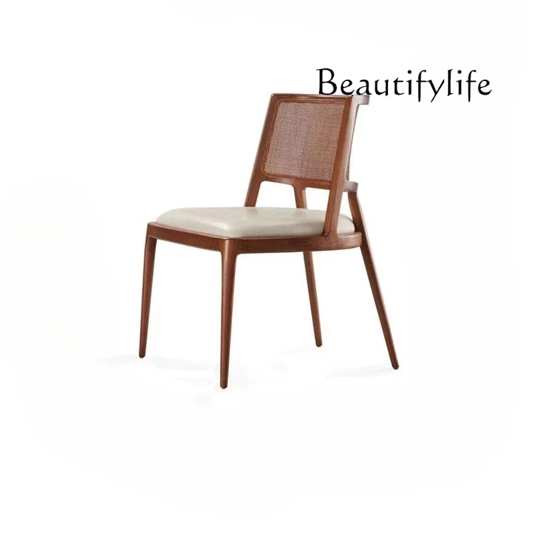 Retro solid wood dining chair hotel restaurant wabi sabi soft bag leisure rattan chair Nordic natural