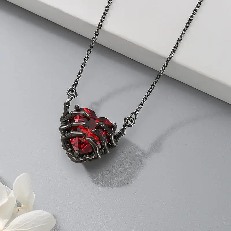 New Exaggerated Punk Gothic Personality Dark Red Heart Ghost Claw Pendant Necklace for Women Men Fashion Black Hip Hop Jewelry