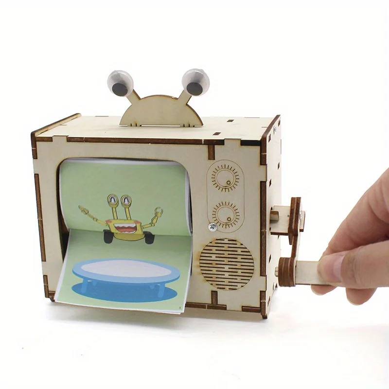 Hand-cranked Animation Machine Student DIY Craft Science Experiment STEM Teaching Aid Toy Model Cartoon TV Gift for Boys Girls
