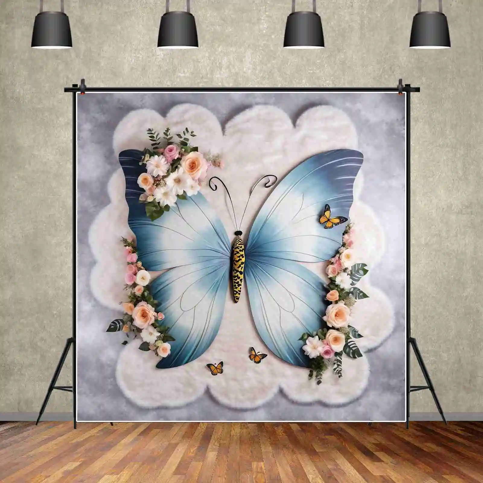 MOON.QG Butterfly Newborn Photography Backdrop Baby Child Portrait Photozone Background Personalized Happy Birthday Party Banner