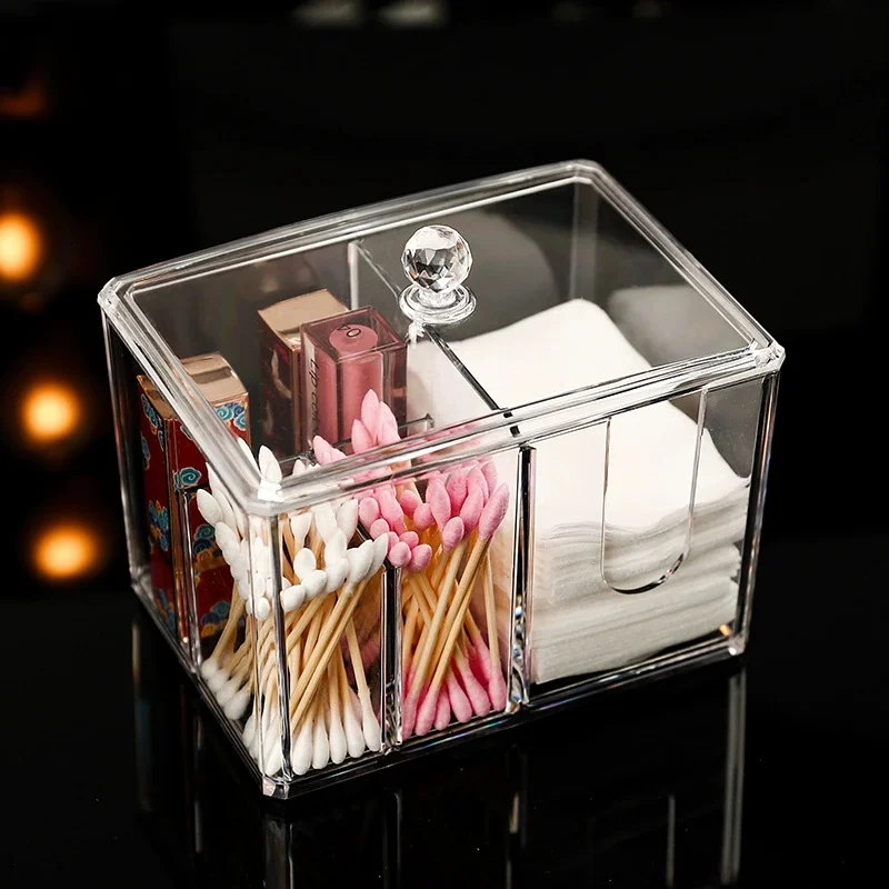 Clear Acrylic Cotton Swab Ball Holder Organizer with Lid Canister for Make Up Pads, Floss Picks, Vanity Storage, Cosmetics