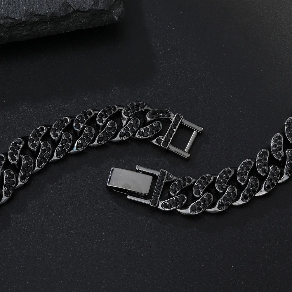 Hip Hop 1Set 13MM Full Iced Out Paved Black Rhinestones Miami Curb Cuban Chain CZ Bling Necklaces For Men Women Jewelry