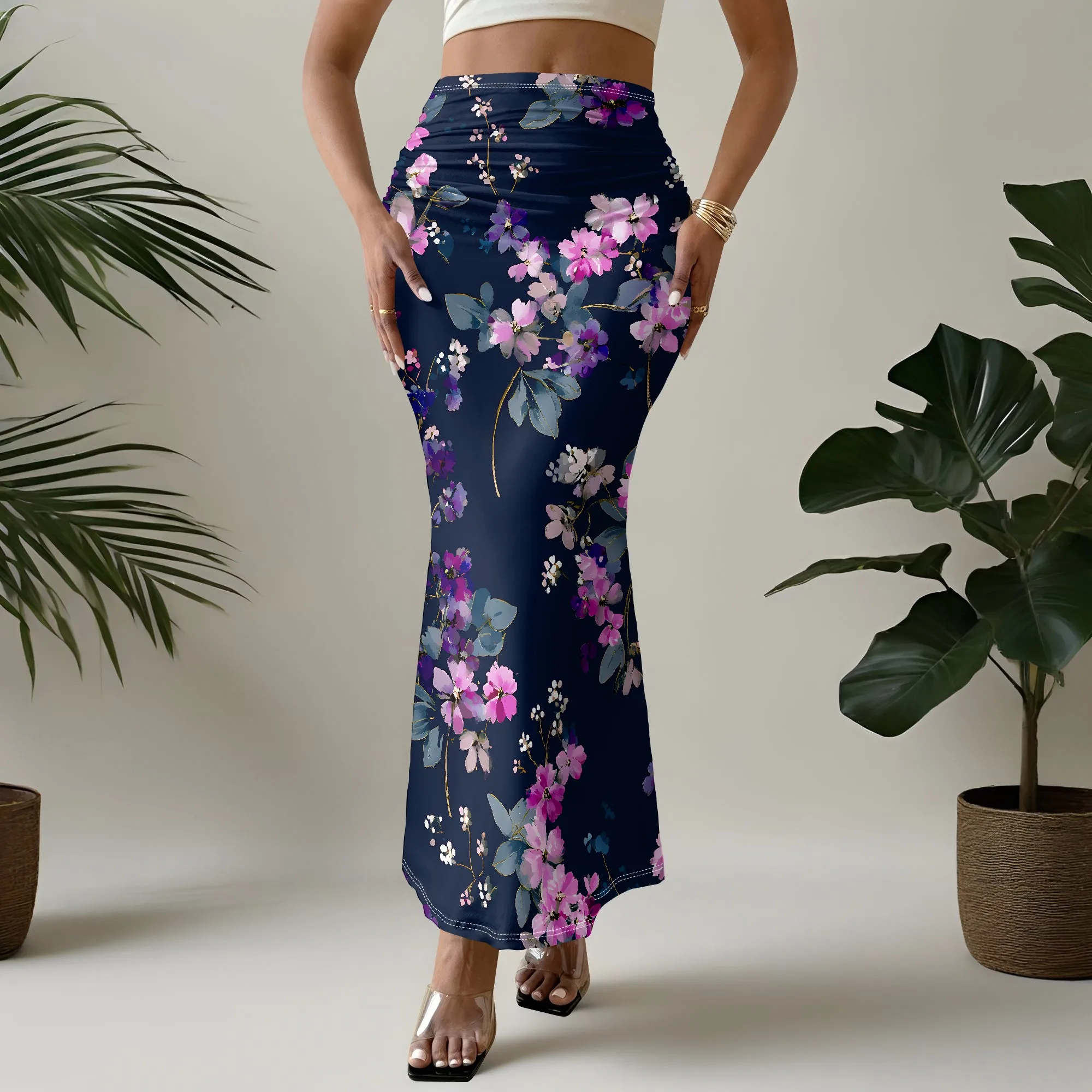 Floral Mermaid Skirt, Purple Flower Print Midi Skirt, Ruched Side Design, Elegant Party Wear for Women, S-2XL