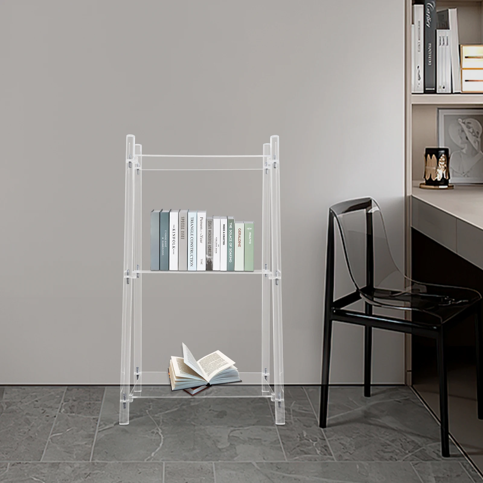 

3-х ярусная акриловая книжная полка с лестницей, прозрачная книжная полка, многофункциональная книжная полка для гостиной, ванной комнаты, офиса