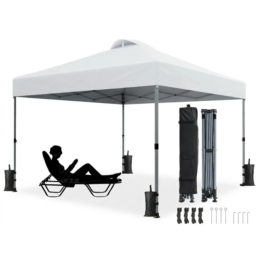 

10x10 Pop Up Canopy 1-Button Easy Setup Waterproof 3-Height Beach Shade Wheeled Bag Stakes Sandbags Custom