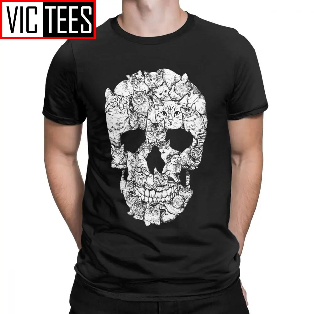 

Unique Cat Skull Skeleton Horror Scary T-Shirt for Men Cotton T Shirt Kitten Goth Gothic Punk Halloween Tees Gift Idea Clothing