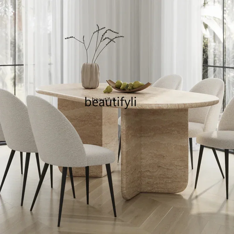 

Natural Travertine Dining Table Villa, Clothing Store High-end Restaurant Oval Table French Wabi-sabi Dining Table