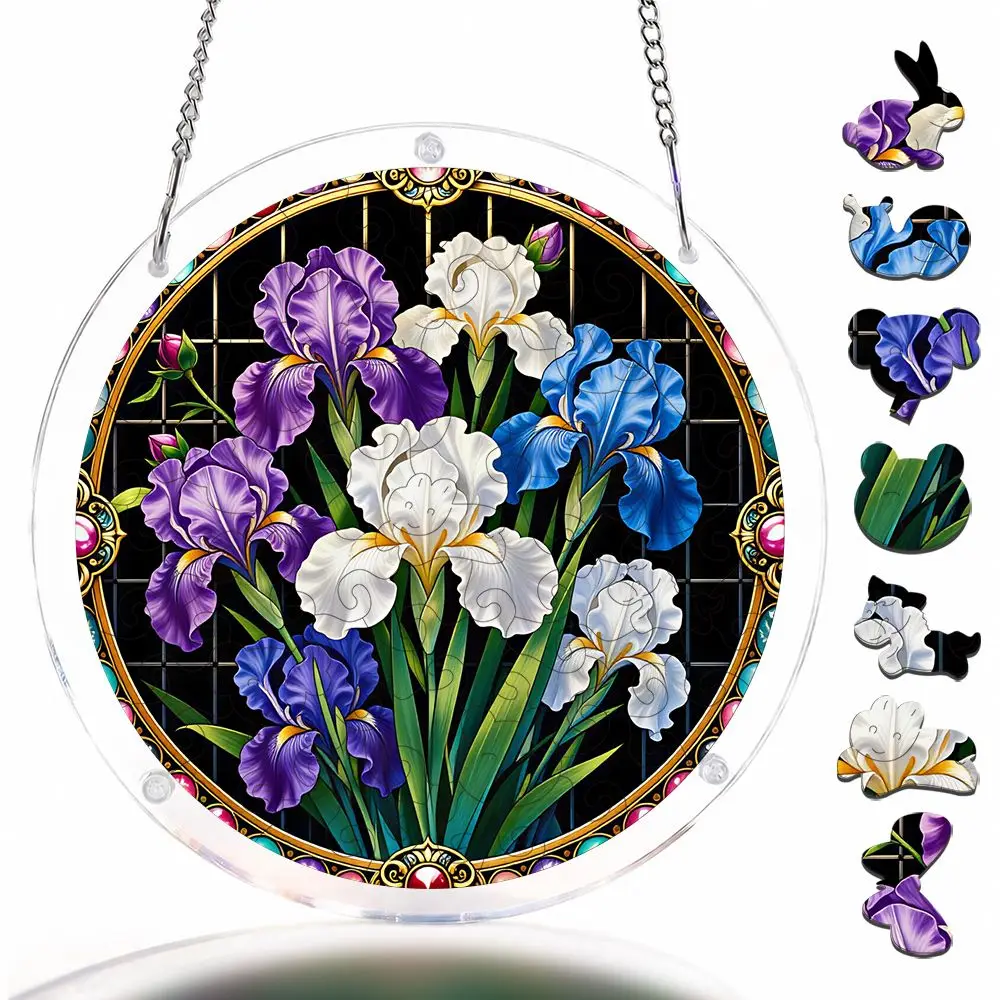 Iris Flower Stained Glass Style Acrylic Puzzle Suncatcher, 57 Pieces Acrylic Jigsaw Puzzle Ornaments For Window Hanging & Home