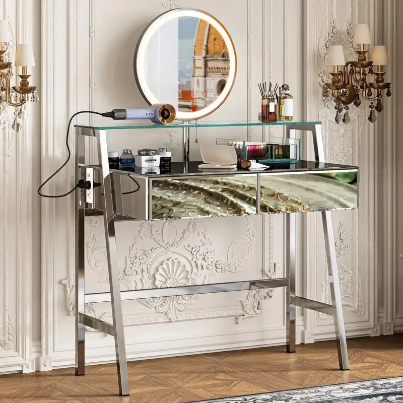 33.9-Inch Mirrored Makeup Vanity Desk with Lights, Console Vanity Table with 2 Large Drawers & Open Shelf, Dressing Table with