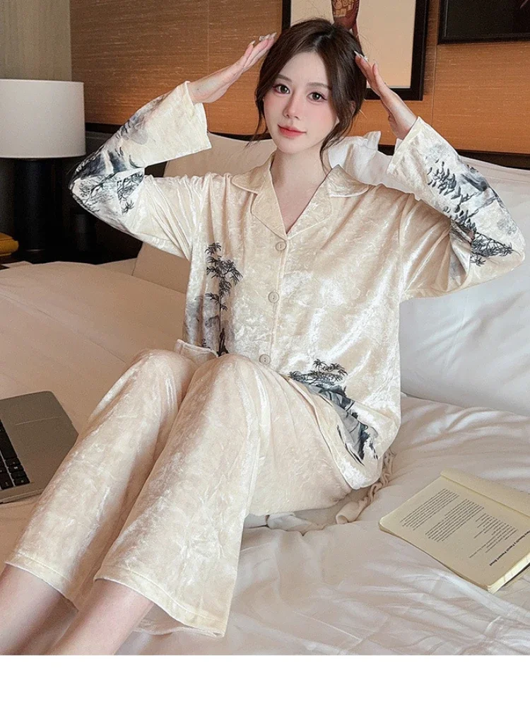 Plus Size Winter Spring Pajamas Women's Golden Velvet Chinese Ink Painting Loungewear 2-Piece Set Soft Comfortable Sleepwear