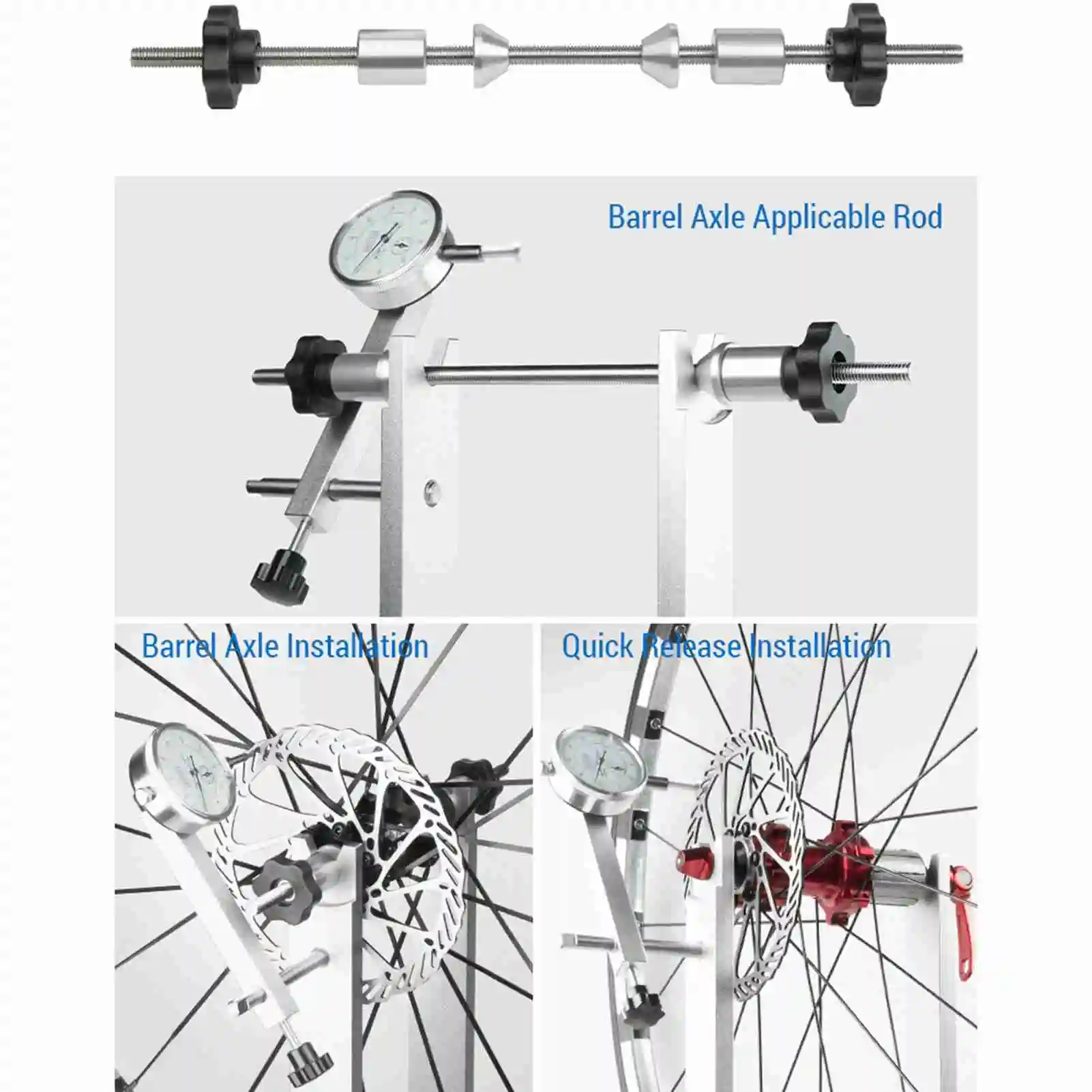 Fahrrad-Rad-Entleerungsständer, Reparaturwerkzeug für Fahrrad-Radausrichtung mit Messuhr für Schnellspanner und Steckachse – Detail 4
