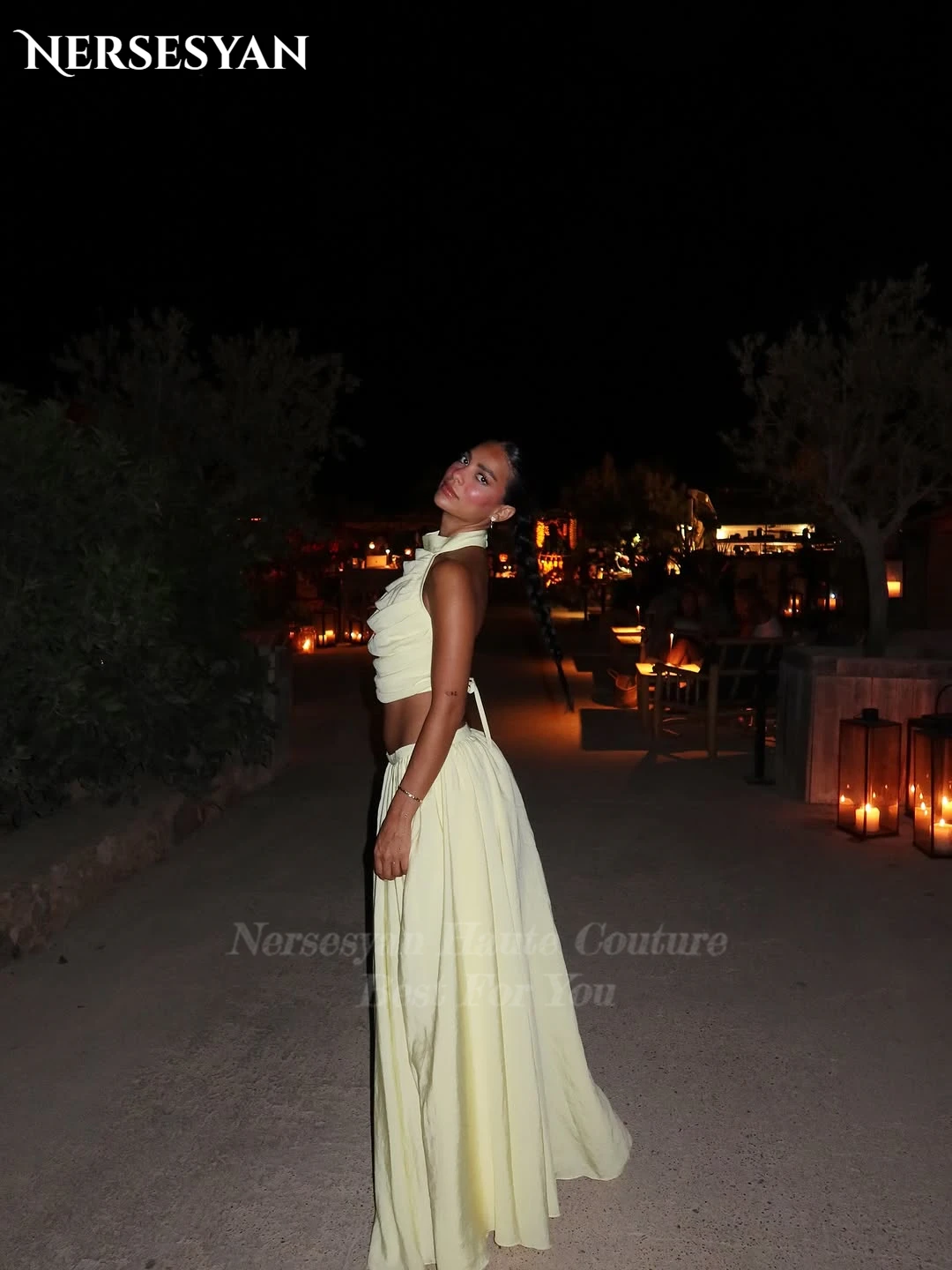 Nersesyan 두 조각 레몬 댄스 파티 드레스 오프 숄더 새틴 정장 이브닝 드레스 홀터 사우디 아라비아 파티 가운 2025 맞춤형