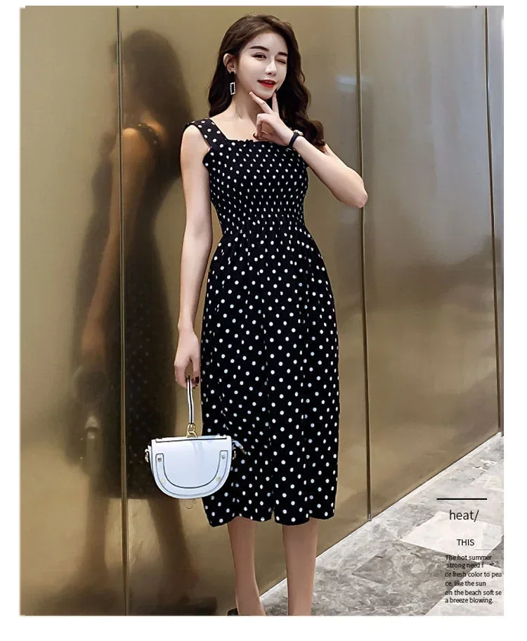 Damen Sommer Polka Dot Chiffon Langes Kleid Elegantes Quadratischer Ausschnitt Ärmelloses Kleid Lässige Damenkleider – Detail 17
