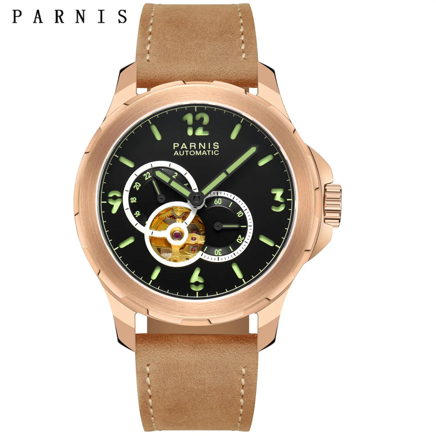 New Parnis 44mm Silver Case orologi meccanici automatici da uomo cinturino in pelle di cristallo zaffiro orologio da uomo luminoso reloj hombre