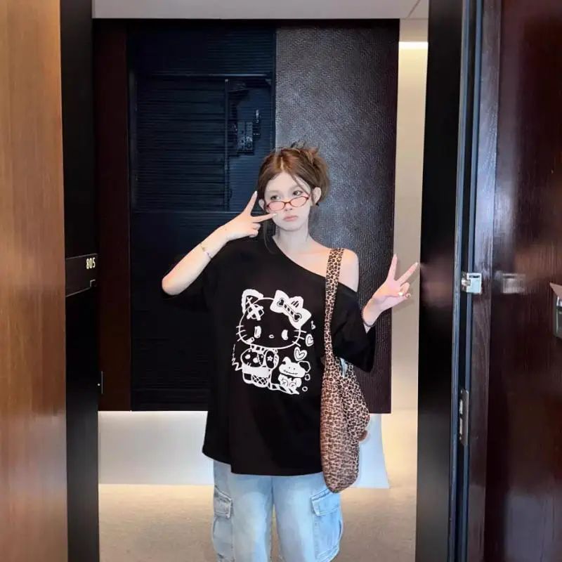 

Sanrio мультфильм с короткими рукавами Hello Kittys Kawaii футболка модная с открытыми плечами повседневная универсальная удобная подарок для подруги