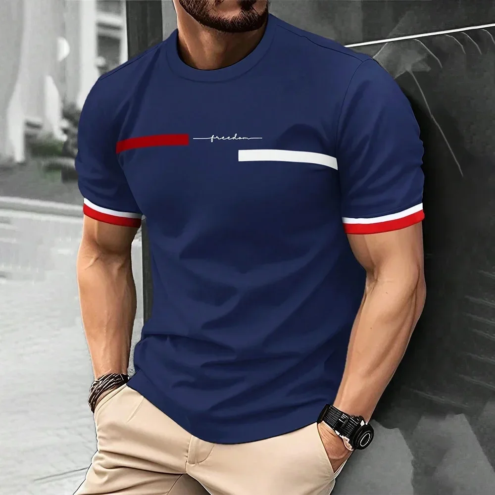 Fashion Men's Freedom Letter Print T-Shirt Classic Stripe Pattern Crew Neck Short Sleeve Summer Casual Streetwear Tee Tops