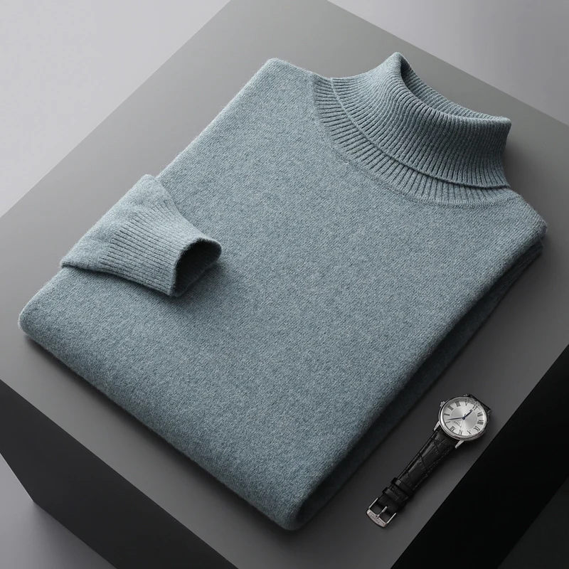 Autumn and winter new 100% pure merino wool pullover men\'s turtleneck cashmere sweater thickened warm loose solid color top