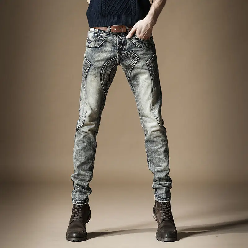 

Men's Clothing Spring and Autumn Vintage Washed Jeans Straight Hip-Hop Stitching Old Motorcycle Denim Trousers