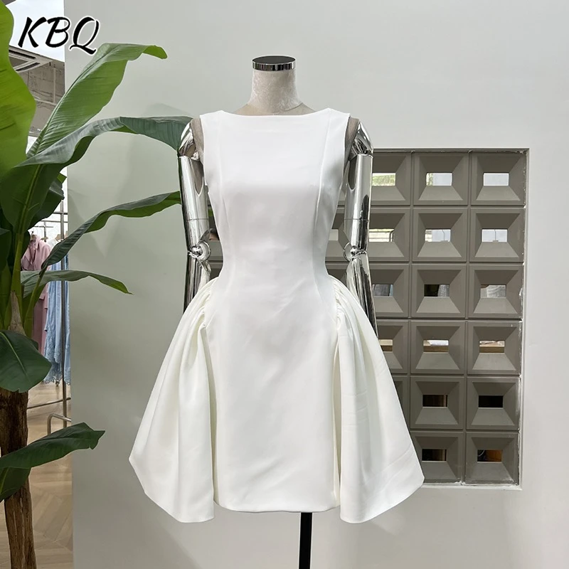 

KBQ Elegant Slimming Short Dresses for Women O Neck Sleeveless High Waist Spliced Folds French Style Ball Gown Female Summer New