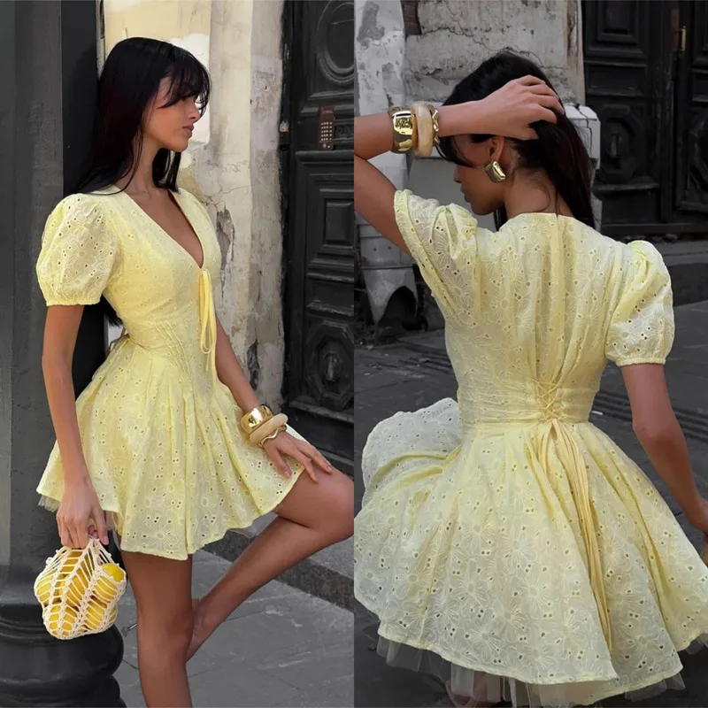 

Elegant Solid Color Puff Sleeve Mini Dress Sexy Deep V Neck Tie Waist Bodycon Dress Fashionable Summer Casual Short Sleeve Dress