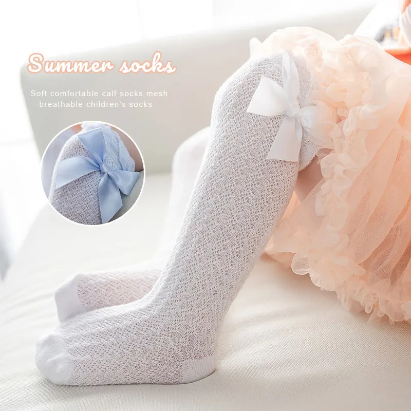 3 Pairs Set Summer Socks Thin Anti Mosquito Baby Socks Mesh Bow Baby Socks Bubble Mouth Vertical Stripe Mesh Eye Long Socks