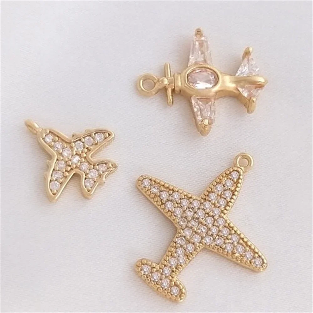 14K Gold Color Micro Inlaid Zircon Airplane Pendant Handmade Fashion Pendant DIY Necklace Bracelet Jewelry Accessories K211