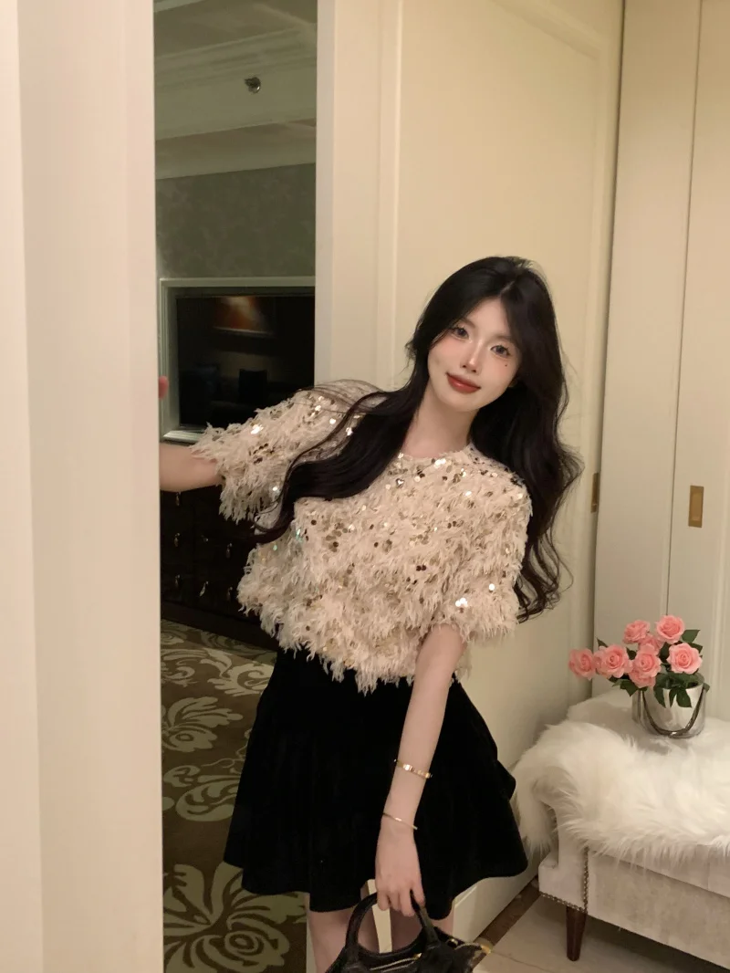 Spring 2023 Women\'s Short Sleeve T-Shirt Glittering Beautiful Design Sensation Elegant Loose Short Top Korean Style round Neck