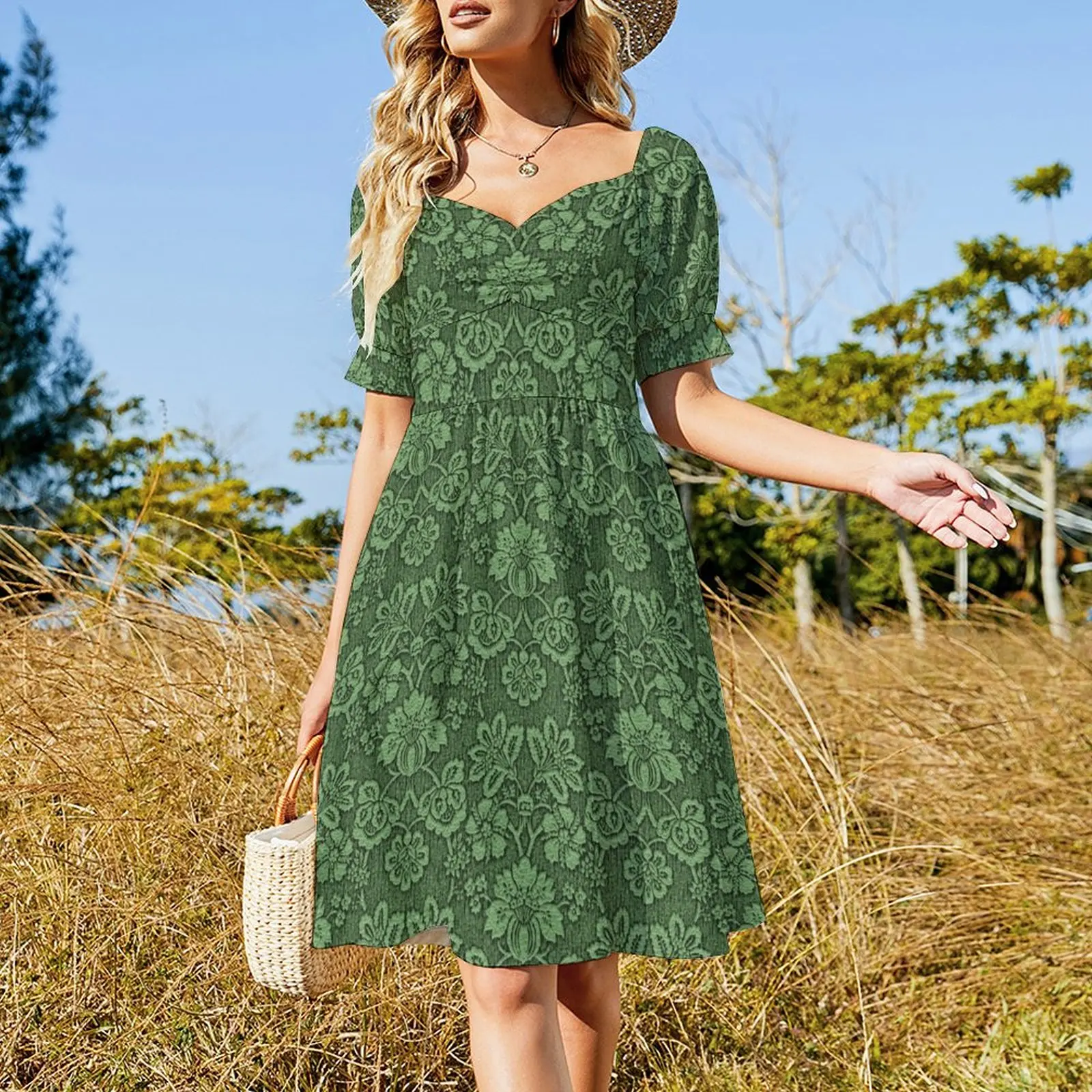 GREEN DAMASK Pop Art Kurzarmkleid, elegante und hübsche Damenkleider, Ballkleid