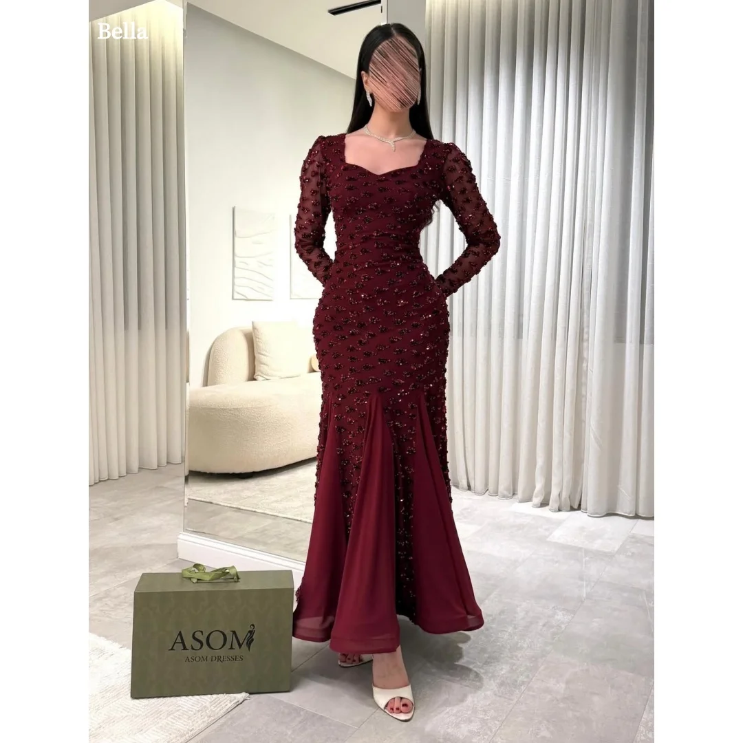 

Bella Customized Burgundy Sequined Prom Dress robes de soirée Party Dresses Mesh Mermaid Long Gown With Long Sleeve For Women