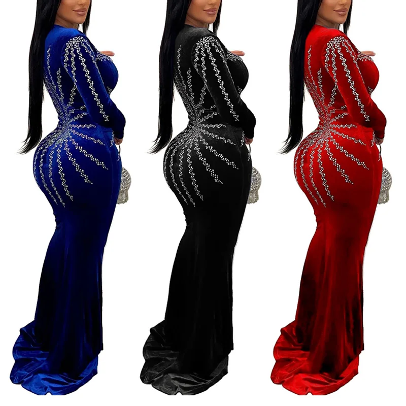 

New Autumn and Winter Women's Sexy Nightclub Dress Party Long Sleeved Zipper Rhinestone Fish Tail Skirt