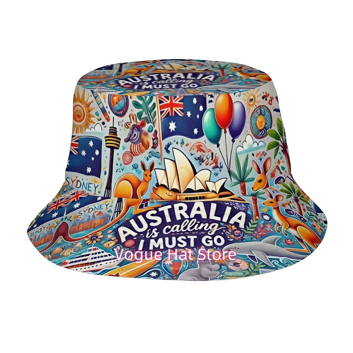 ()1pcs Australian Flag and Kangaroo, Sydney Opera House, Balloons, Koalas Unisex Printed Fisherman Hat, Stylish Hat with Fun Per