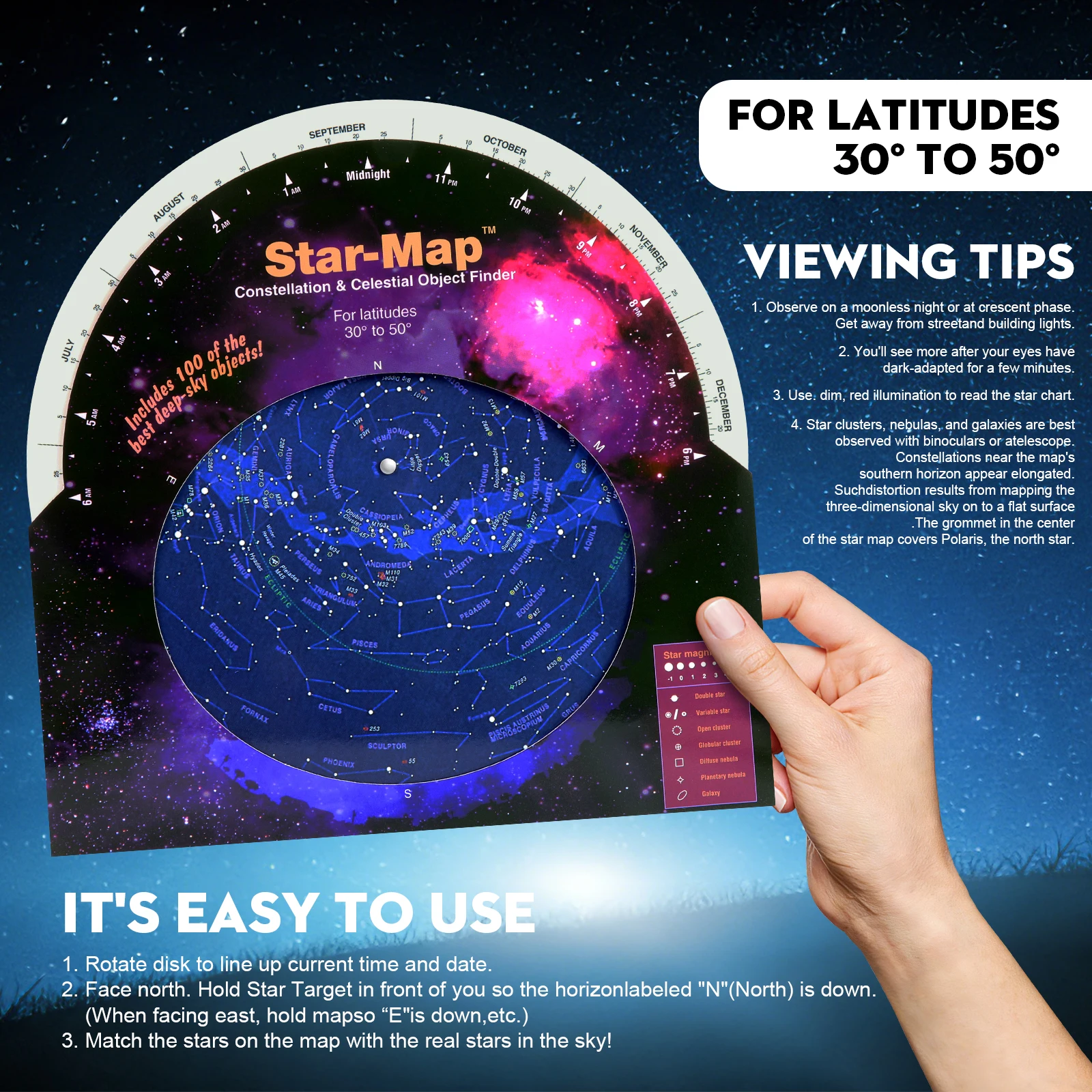 HD Star Map 30°-50° Large;North Latitude Rotating Constellation Night Sky Exploration Beginner's Star Watching Guide Activity