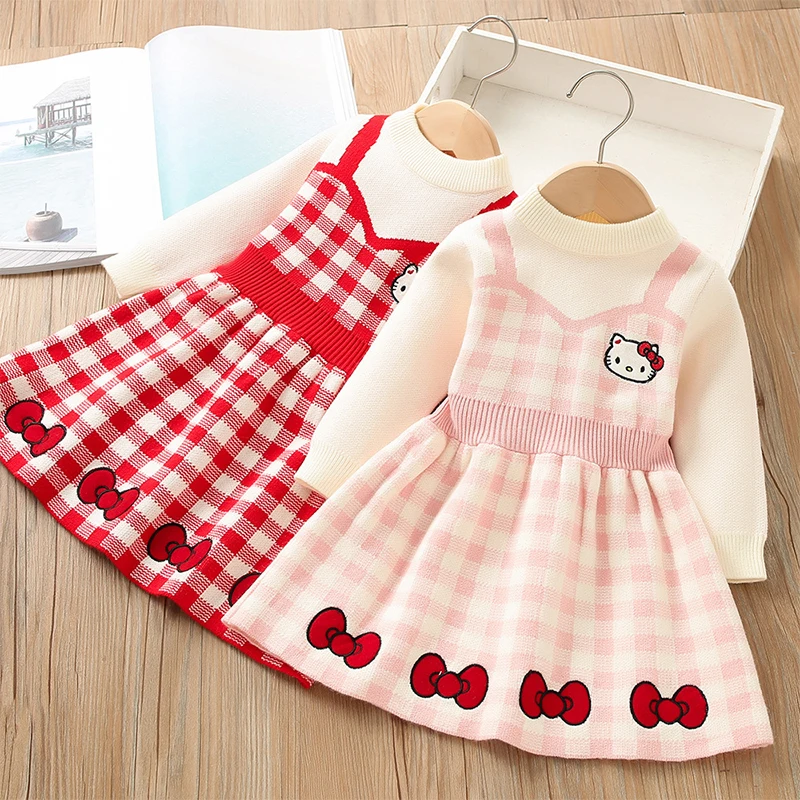 Sanrio Hello Kitty abiti per bambini ragazze Kawaii Dress Baby Girl Cute Knitted Princess Dress Cotton abbigliamento per bambini di alta qualità