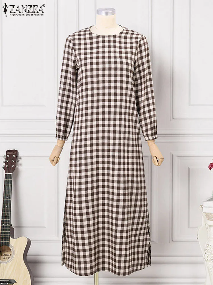 ZANZEA-Robe Maxi Vintage à Carreaux pour Femme, Mode Musulmane, Abaya, Printemps, Manches sulf, Plaid, Kaftan Éducatif, Turquie