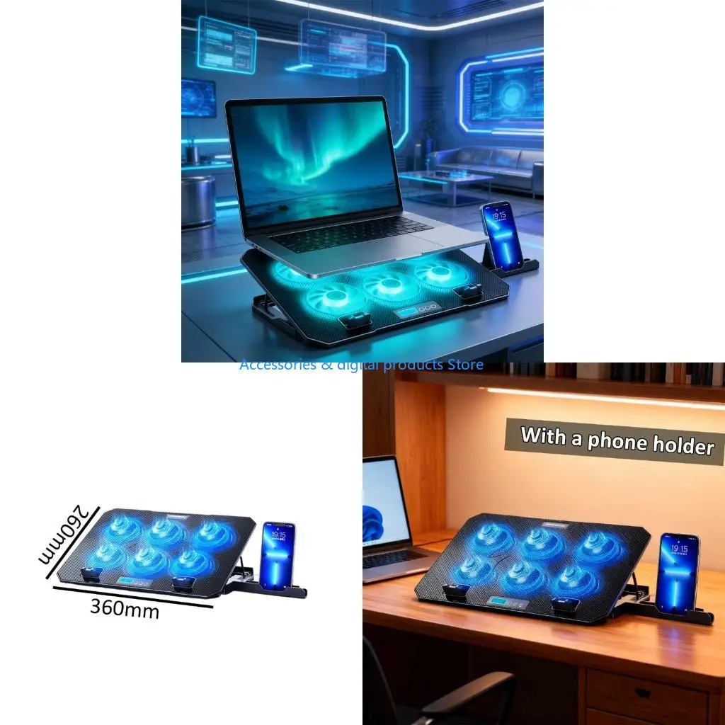 77JD LED Gaming Laptop Cooling Pad Laptop Cooling Stand External Fan Height Adjustable Stand with 2 USB Port Phone Holder