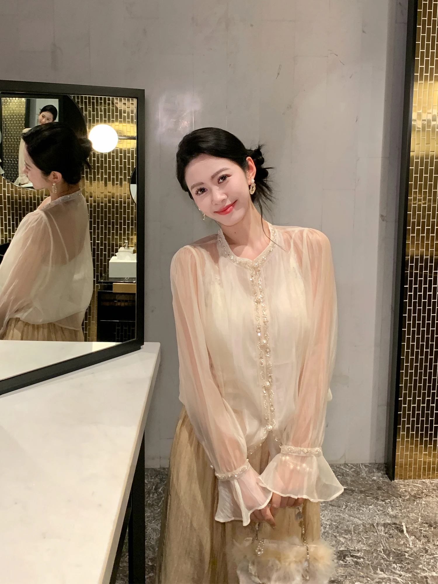 

Gogoa Home Design Sensation: Шикарная шифоновая блузка с длинным рукавом, стройнящий элегантный женственный топ, женская мода Весна 2026