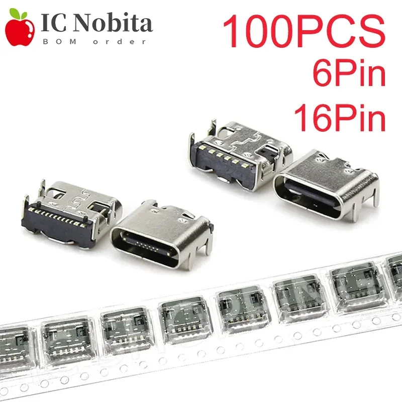 

100PCS Type-C SMD USB 3.1 Female Socket Connector 6P 16P Chassis Connector for SMT Application Supporting Transmission Interface