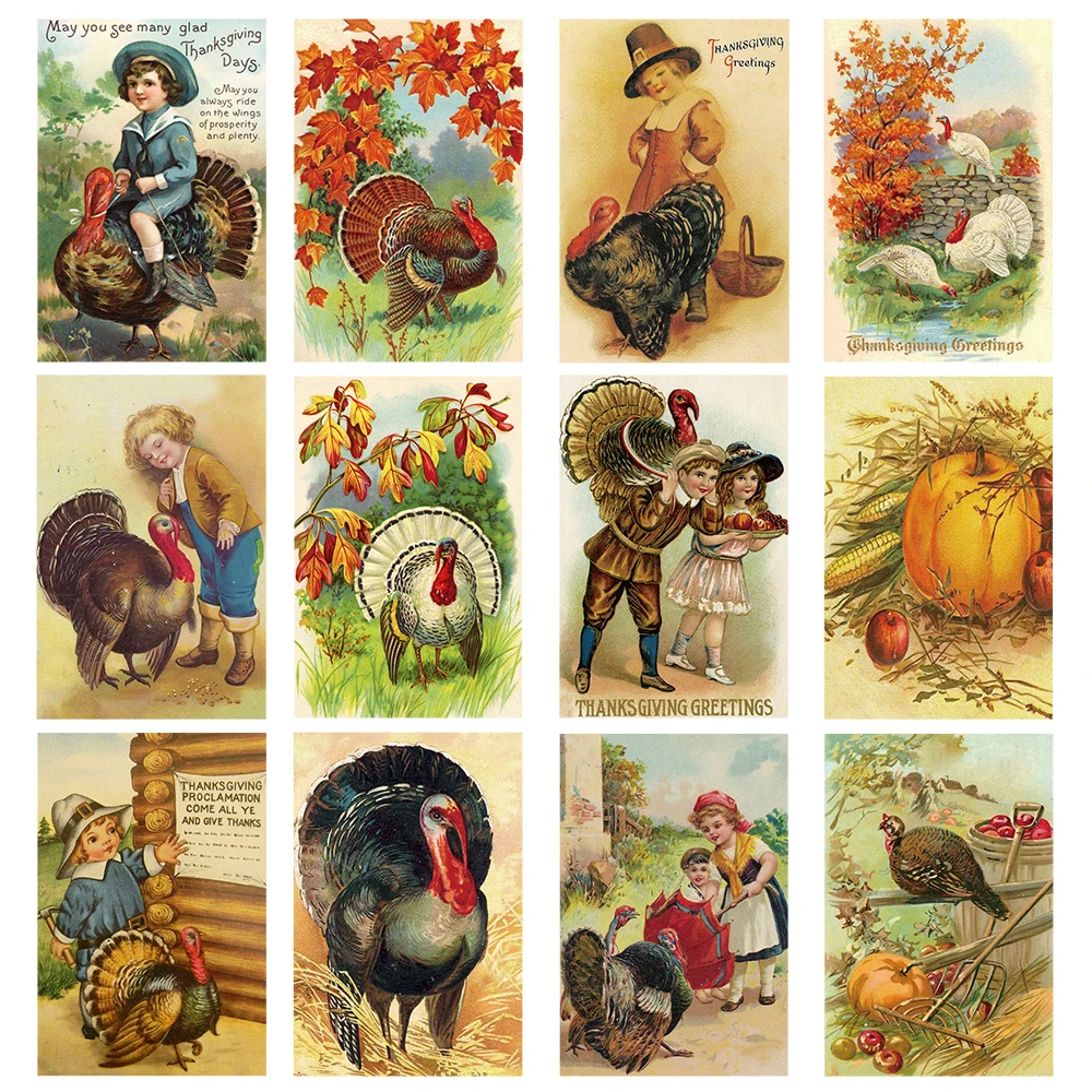 12pcs Thanksgiving Postcard Vintage Autumn Pumpkin Turkey Greeting Card Handmade Thank You Letter Invitation Home Party Decor