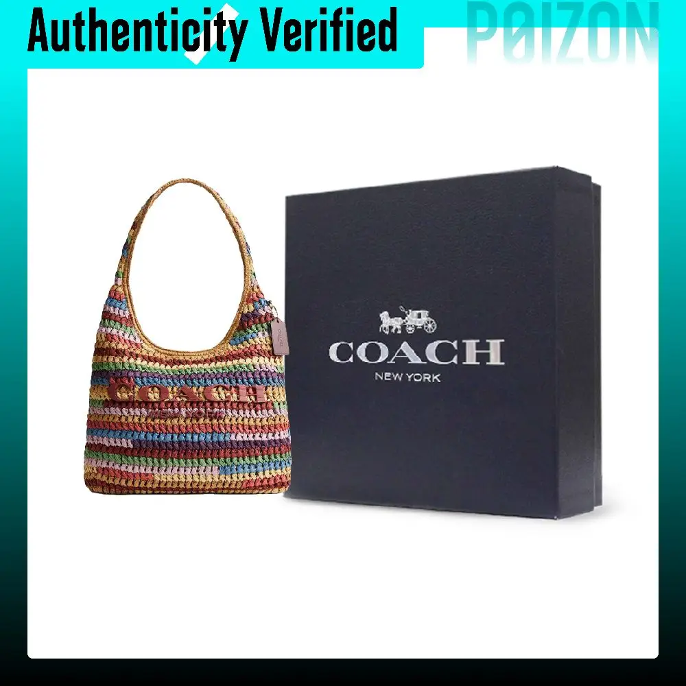 COACH Brooklyn Straw, Finely Crafted Calfskin Shoulder Bag Medium Women's Multicolor CDZ40-B4L38