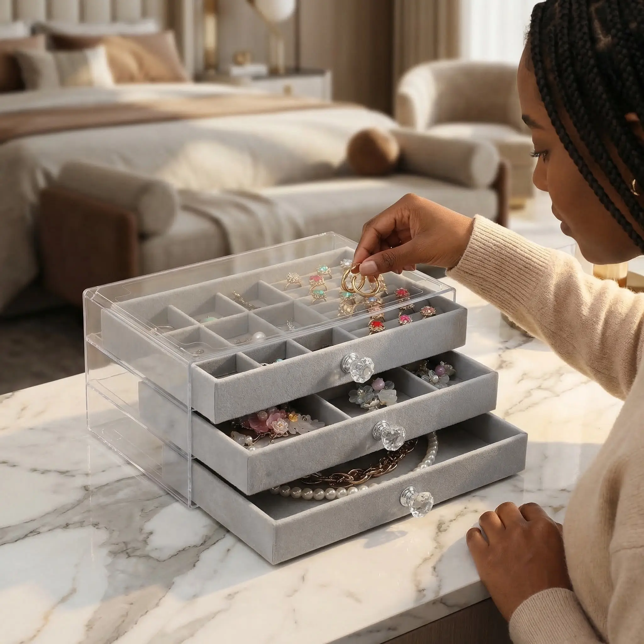 

3 Layer Acrylic Jewelry Organizer Multi Compartment Clear Drawers for Rings Earrings Necklaces Bracelets Storage Box for Vanity