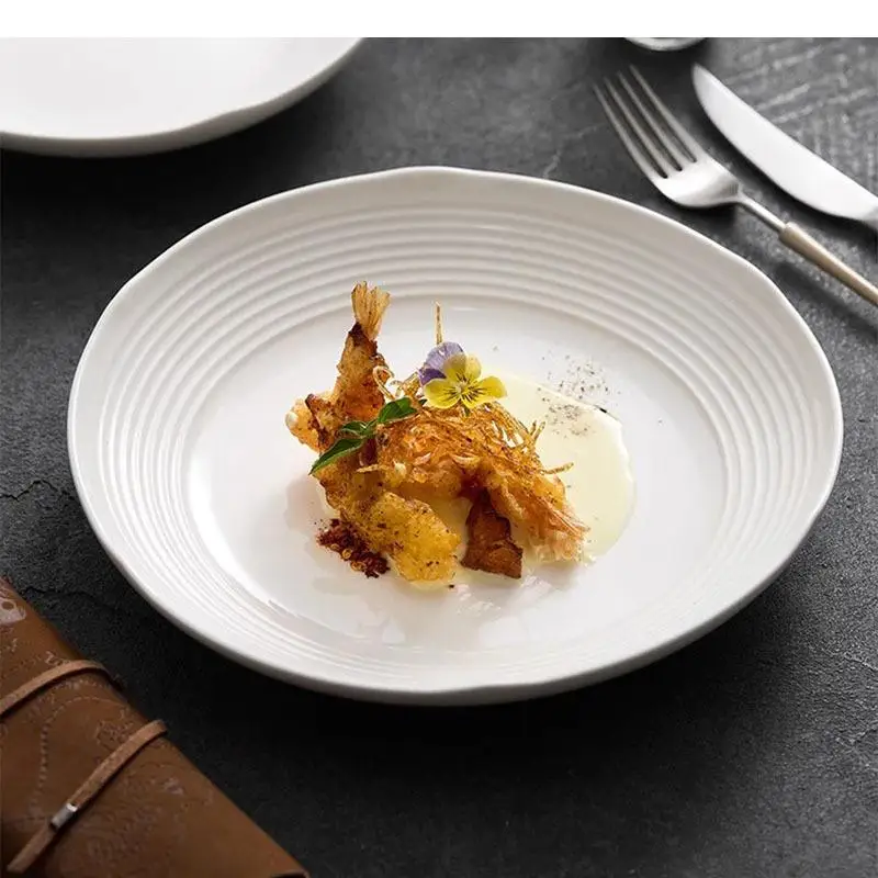 

Ceramic Pure White Horizontal Pattern Deep Plate Restaurant Salad Pasta Soup Plates Dessert Dish Specialty Tableware