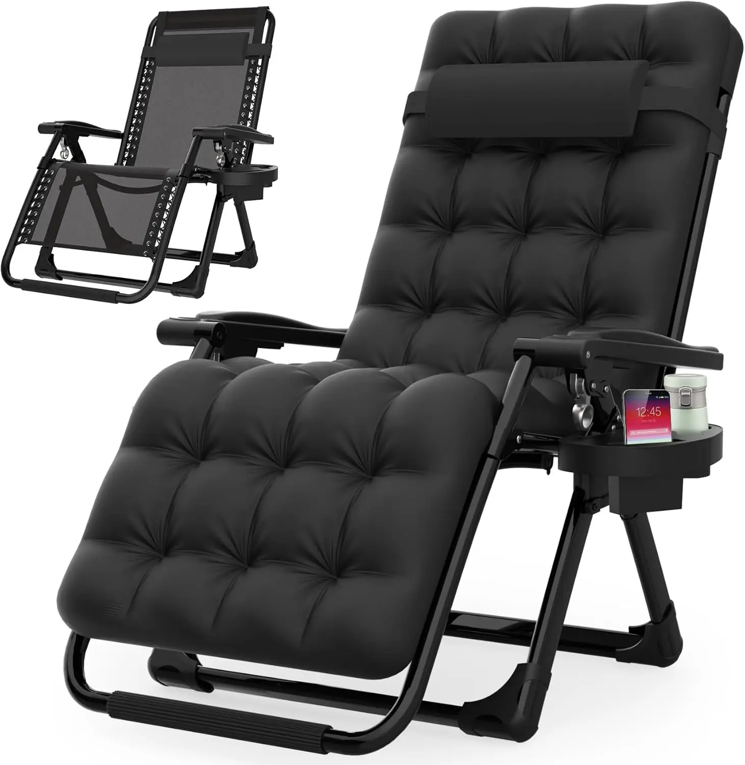 

Chair, Reclining Camping Lounge Chair w/Removable Cushion, Upgraded Lock and Cup Holder, Reclining Patio Chairs