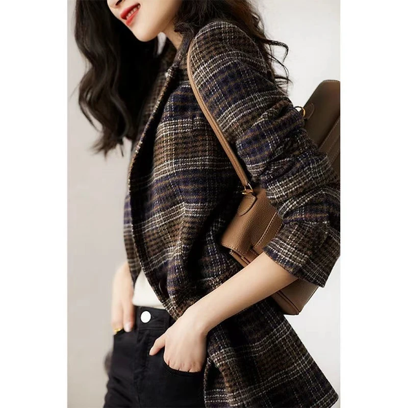 Autumn Winter Women\'s Vintage Plaid Printing Casual Fashion Blazers Female Slim All-match Woolen Jacket Ladies Elegant Coat Suit