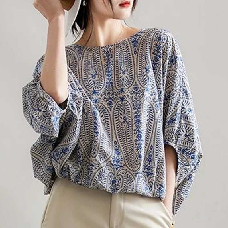แฟชั่นหลวมพิมพ์โบว์แขน Batwing เสื้อผู้หญิงเสื้อผ้า 2025 ฤดูร้อนใหม่ Casual Pullovers Tops พับเสื้อ
