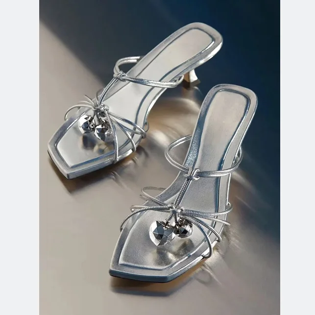 

Open Toe Straps Slippers Kitten Heels Fruit Crystal Decor Summer Slip On Mules Fashion Women Sexy Hollow Dress Daily Sandals