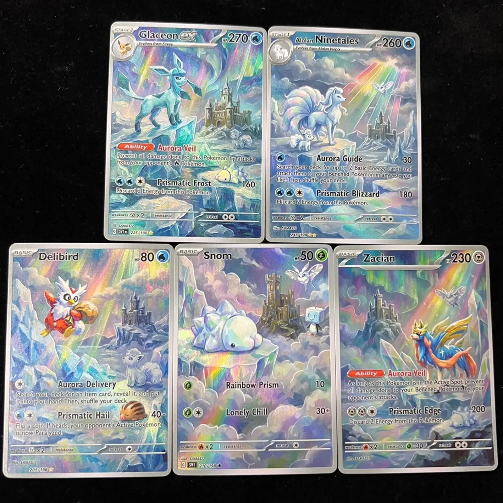 5Pcs PKM Cards PTCG Pastel Art Style Glaceon Alolan Ninetales Delibird Snom Zacian Full Art Display Collectible Cards PTCG Gift