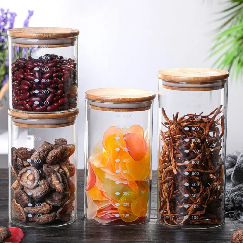 Wood Lid Glass Airtight Canister Kitchen Storage Bottles Jar Vacuum Glass Sealed Jar Tea Coffee Beans Grains Candy Food Containe